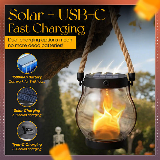 Flickering Flame Solar Lantern – Realistic Dancing Glow, Auto On/Off, Solar & USB-C, Waterproof